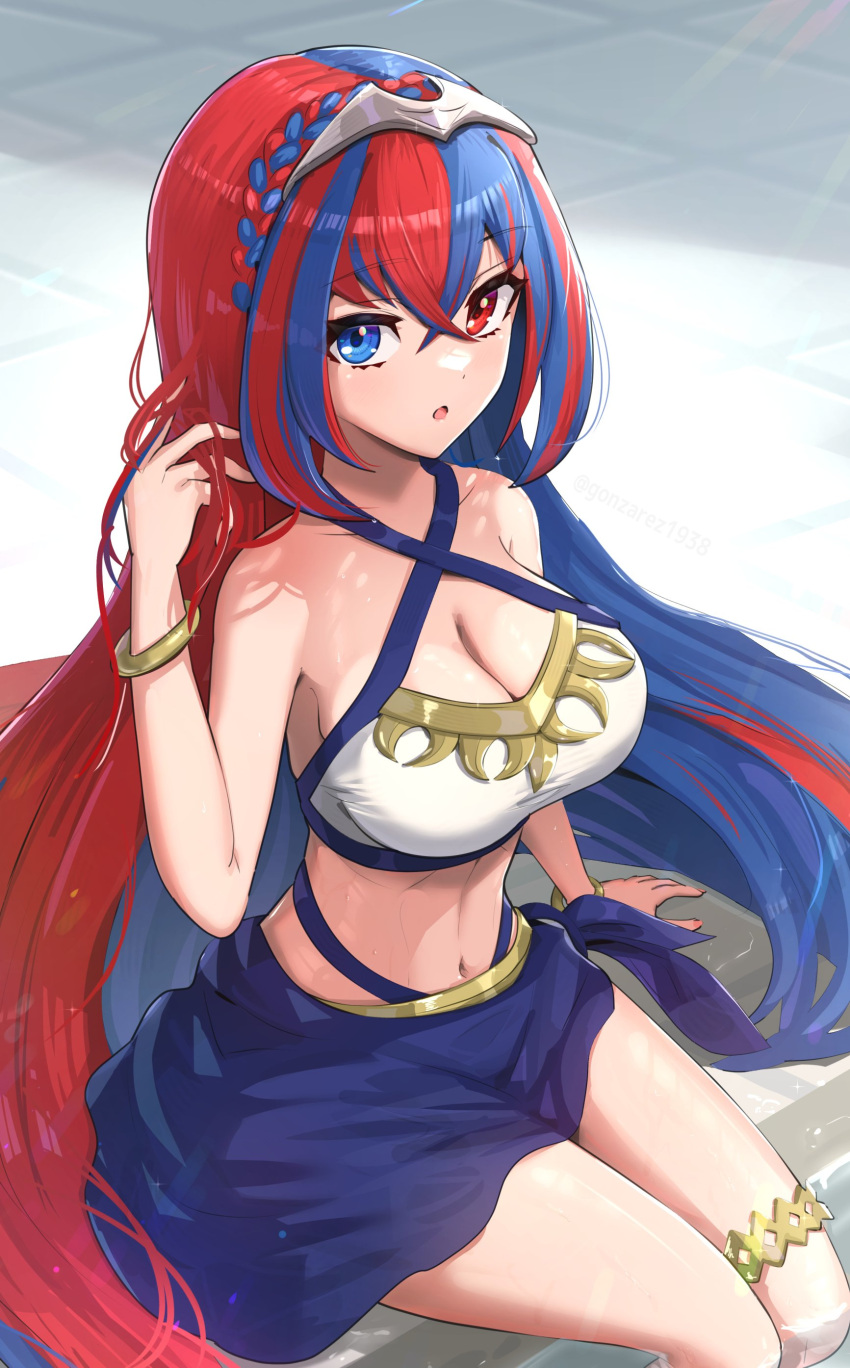 1girl 1girl 1girl absurd_res alear_(female)_(fire_emblem) alear_(fire_emblem) alluring bangs big_breasts bikini bikini_skirt blue_eyes blue_hair braid breasts cleavage crossed_bangs crown_braid female_only fire_emblem fire_emblem_engage gonzarez heterochromia high_res long_hair looking_at_viewer multicolored_hair navel nintendo official_alternate_costume red_eyes red_hair revision skirt split-color_hair swimsuit tiara two-tone_hair very_long_hair