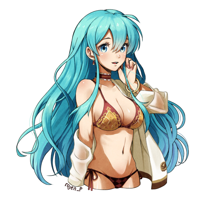 1girl 1girl absurd_res alluring artist_name bikini blue_eyes blue_sky bracelet breasts brown_bikini brown_choker choker cleavage cropped_legs eirika_(fire_emblem) fire_emblem fire_emblem:_the_sacred_stones high_res jacket jewelry long_hair looking_at_viewer medium_breasts nintendo off_shoulder open_mouth rojen_p sky smile swimsuit very_long_hair white_background white_jacket