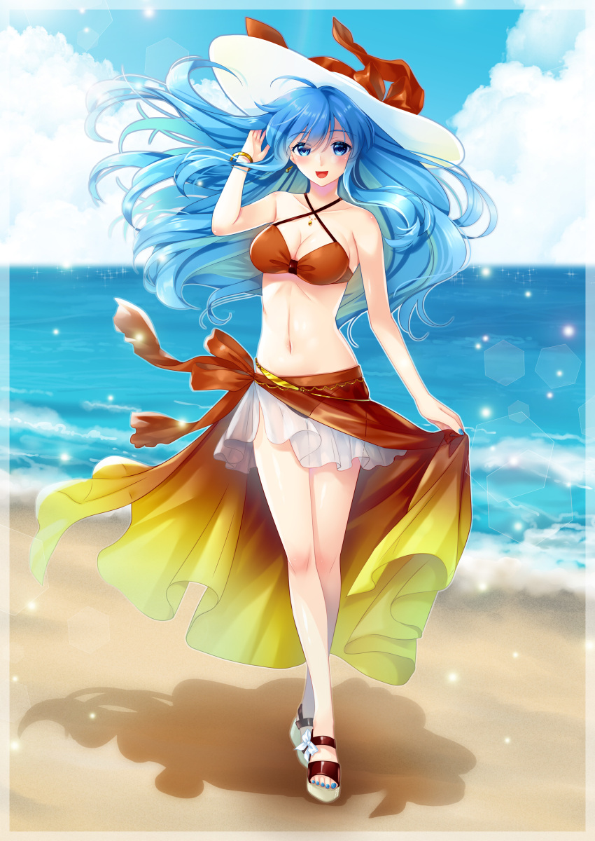 1girl 1girl :d absurd_res alluring alternate_costume aqua_eyes aqua_hair bare_shoulders beach bikini blue_sky bracelet breasts cleavage cloud collarbone eirika_(fire_emblem) fire_emblem fire_emblem:_the_sacred_stones full_body hat high_res jewelry long_hair looking_at_viewer midriff nail_polish navel nintendo ocean open_mouth red_bikini sand sandals sarong sky smile swimsuit very_long_hair yuino_(fancy_party)