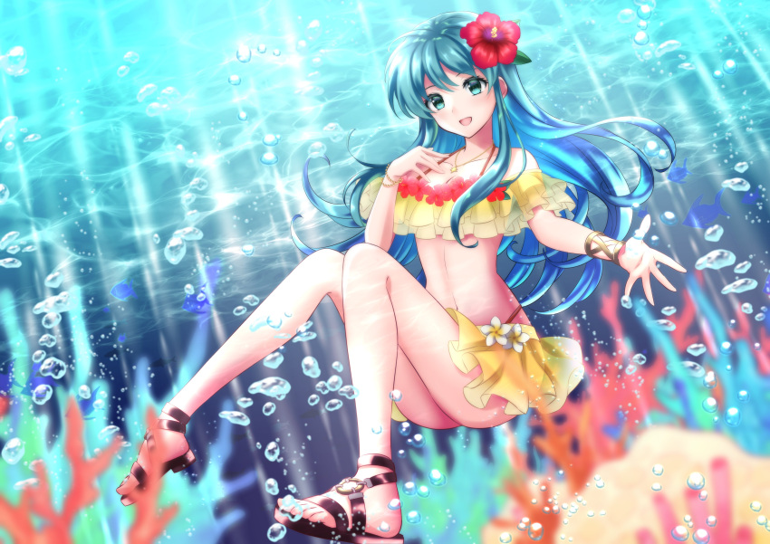 1girl 1girl :d absurd_res alluring aqua_eyes aqua_hair bikini bracelet eirika_(fire_emblem) fire_emblem fire_emblem:_the_sacred_stones fire_emblem_heroes fish flower full_body hair_flower hair_ornament high_res jewelry kakiko210 long_hair looking_at_viewer necklace nintendo off-shoulder_bikini off_shoulder official_alternate_costume open_mouth red_bikini sidelocks smile swimsuit underwater yellow_bikini