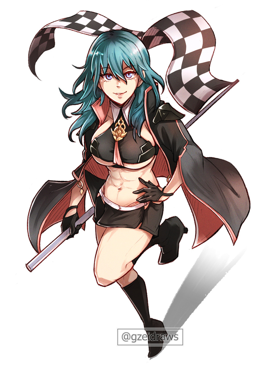 1girl alluring alternate_costume athletic_female black_cape black_footwear black_gloves black_skirt blue_eyes boots byleth_(fire_emblem) byleth_(fire_emblem)_(female) cape checkered_flag crop_top female_abs fire_emblem fire_emblem:_three_houses fit_female flag gloves gzei gzeidraws hand_on_own_hip high_heel_boots high_heels high_res long_hair looking_at_viewer midriff miniskirt nintendo parted_lips simple_background skirt smile stomach teal_hair thighs white_background