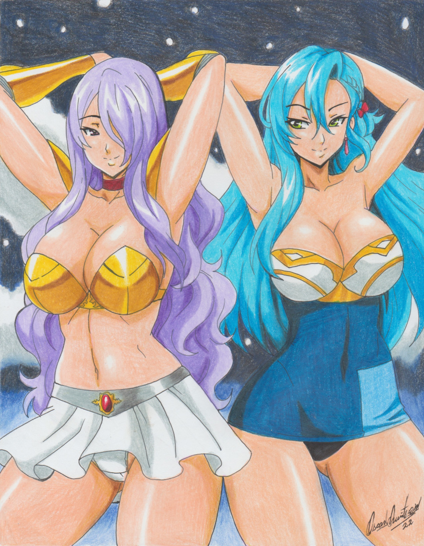 2022 2girls absurd_res alluring arms_up big_breasts blue_hair bra braid breasts camilla_(fire_emblem) chloe_(fire_emblem) choker cleavage commission earrings fire_emblem fire_emblem_engage fire_emblem_fates green_eyes hair_ornament hair_over_one_eye high_res jewelry long_hair multiple_girls navel nintendo panties pink_eyes purple_hair ravern_clouk ravernclouk_design skirt traditional_media underwear