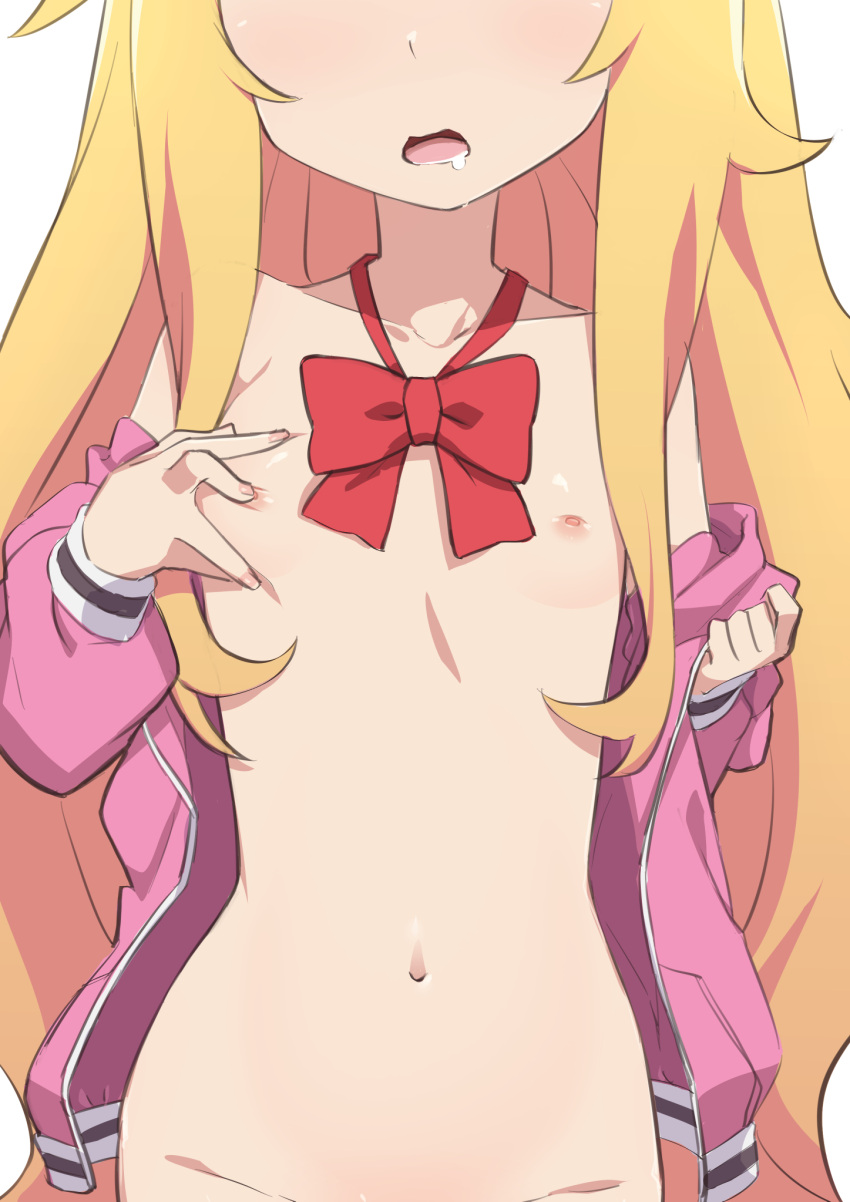 1girl 1girl blonde_hair breasts breasts_squeezed_together gabriel_dropout gabriel_tenma_white grabbing grabbing_own_breast high_res jacket midriff morisobo nipples no_pants nude pink_jacket ribbon small_breasts sweat