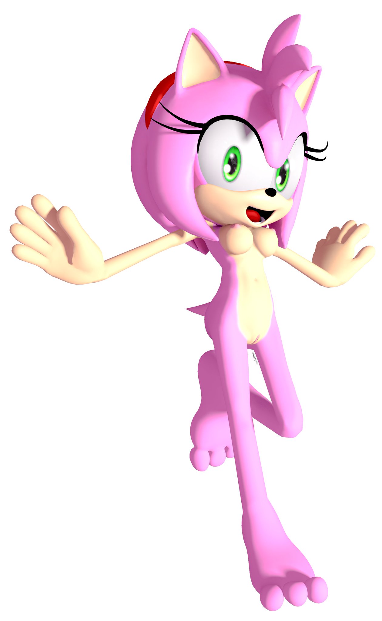 1girl 3d 3d_(artwork) amy_rose anthro barefoot big_breasts breasts feet furry green_eyes hedgehog hedgehog_humanoid navel nipples nude pussy pussy rarequinez sega simple_background sonic_the_hedgehog_(series) white_background