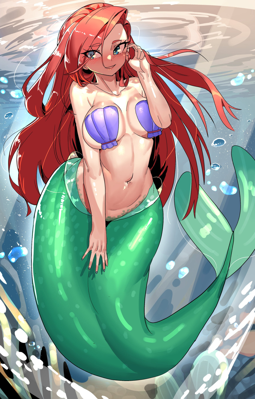 1girl belly belly_button big_breasts blue_eyes blush breasts disney female_only fish_girl fish_tail gamjasssak huge_breasts light-skinned_female light_skin mermaid mermaid_tail monster_girl navel ocean princess_ariel red_hair sea seashell_bra swimming the_little_mermaid tummy underwater water