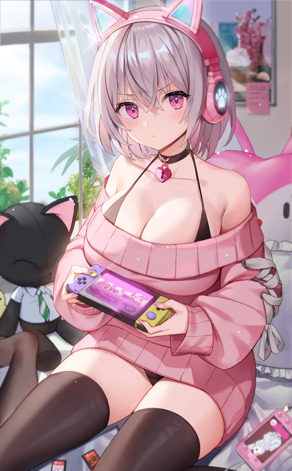 1girl 1girl :t animal_ear_headphones animal_ears axent_wear bare_shoulders big_breasts bikini bikini_under_clothes black_bikini black_choker black_thighhighs breasts cat_ear_headphones choker cleavage closed_mouth collarbone commentary dress fake_animal_ears frown halterneck handheld_game_console headphones high_res holding holding_handheld_game_console jaeyun long_sleeves looking_at_viewer nintendo_switch no_shoes off-shoulder_sweater off_shoulder original pink_eyes pink_sweater pout short_hair sitting skindentation stockings strap_gap string_bikini stuffed_animal stuffed_toy sweater sweater_dress swimsuit teddy_bear thighs v-shaped_eyebrows wariza white_hair