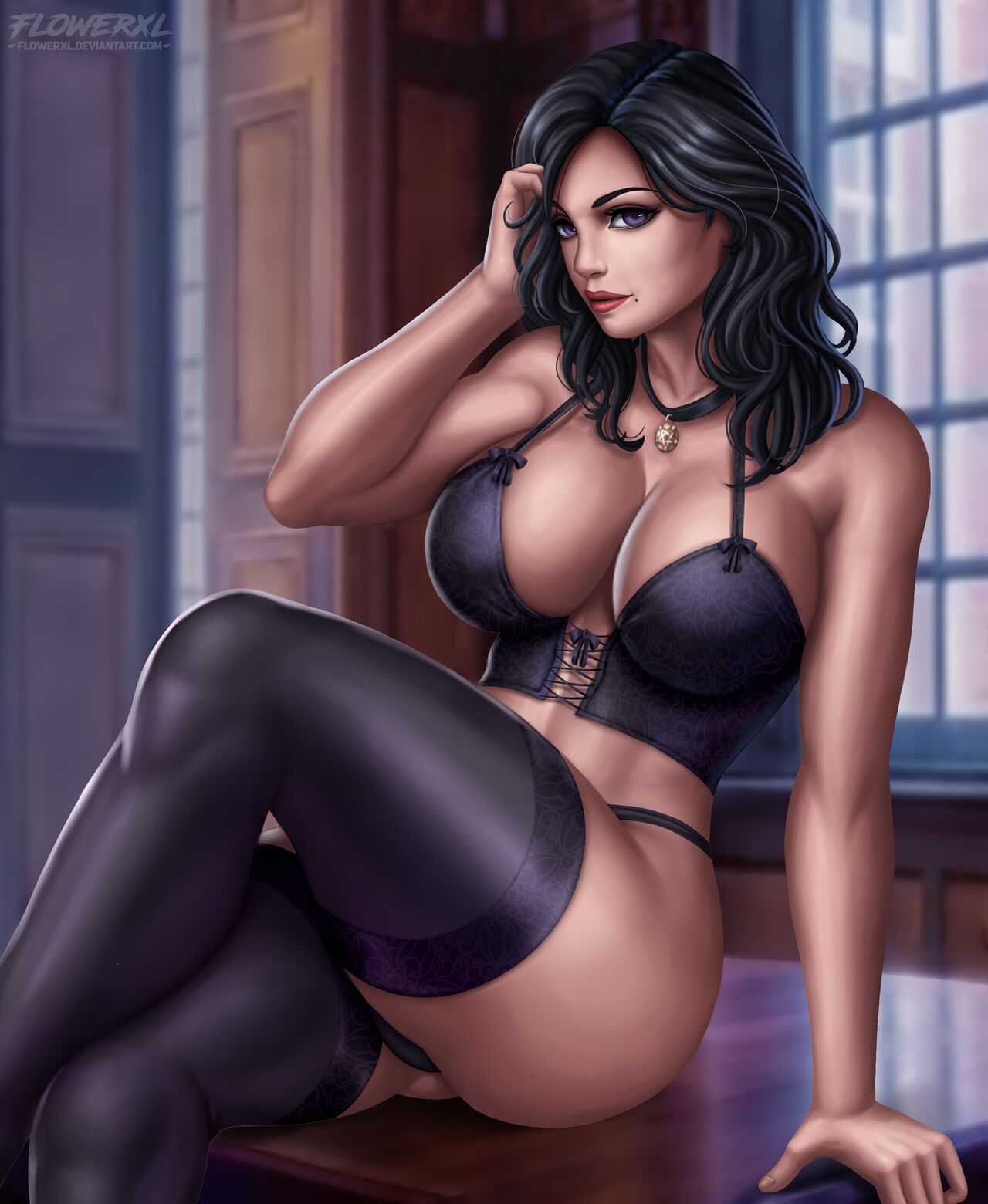 1girl 1girl 1girl big_breasts black_hair breasts caucasian cd_projekt_red cleavage dark_hair female_human female_only flowerxl hand_on_table hips huge_thighs human indoors legs_crossed light-skinned_female light_skin looking_at_viewer milf mostly_nude necklace panties purple_eyes purple_panties purple_stockings red_lips red_lipstick sexy short_hair sitting sitting_on_table slut stockings supporting_hands the_witcher the_witcher_3 thighs top video_game_character yennefer