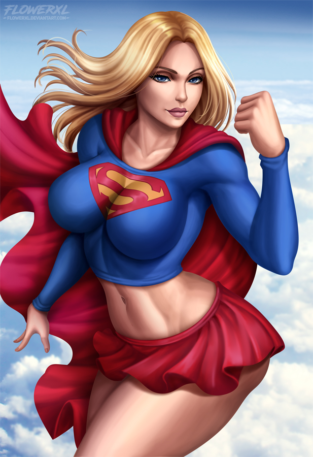 1female 1girl 1girl abs adult athletic_female big_breasts big_breasts big_breasts blonde_hair blue_eyes breasts cape cleavage dc_comics female_only flowerxl flying kara_zor-el linda_danvers long_hair looking_at_viewer pale-skinned_female pink_lipstick pinup red_cape red_skirt skirt sky_background solo_female supergirl supergirl_(series) superheroine superman_(series) thick_thighs topwear watermark