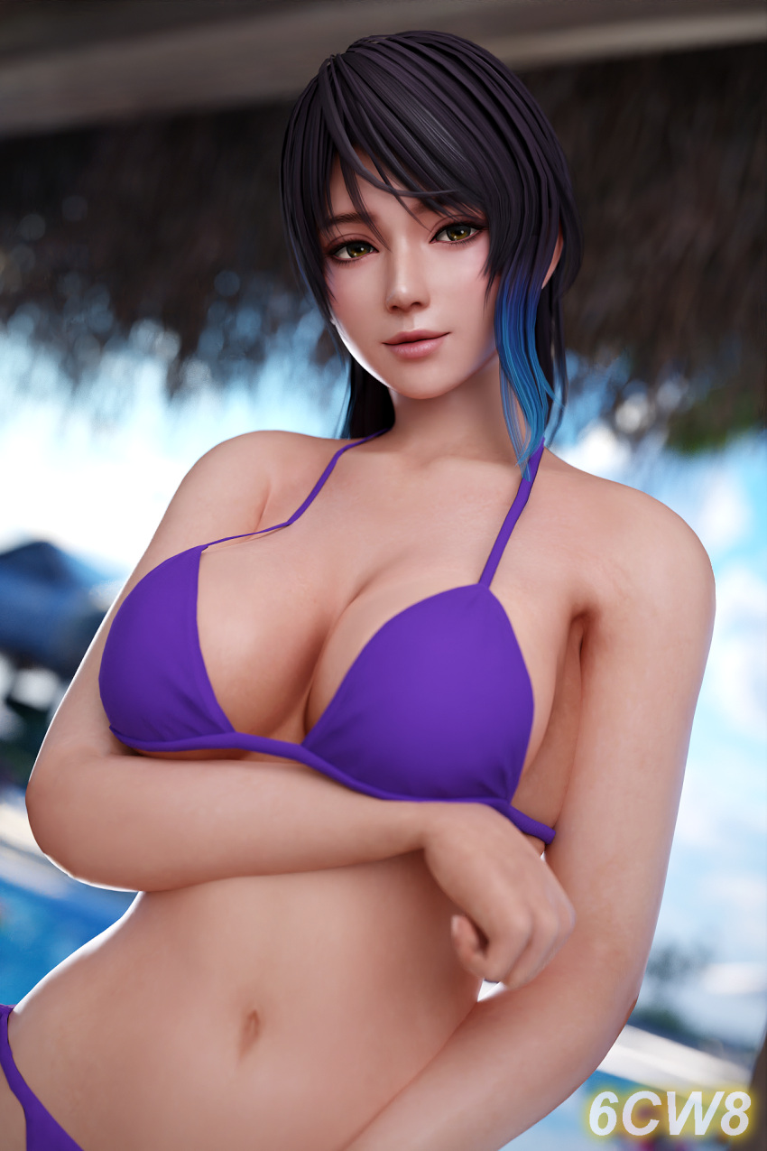 1girl 6cw8 alluring amber_eyes big_breasts bikini black_and_blue_hair cleavage dead_or_alive dead_or_alive_xtreme dead_or_alive_xtreme_2 dead_or_alive_xtreme_3_fortune dead_or_alive_xtreme_beach_volleyball dead_or_alive_xtreme_venus_vacation shandy_(doa) swimming_pool tecmo