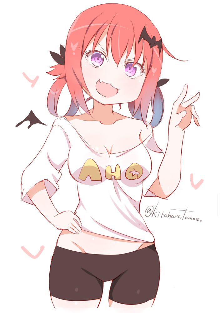 1girl 1girl :3 :d bad_id bad_pixiv_id bat_hair_ornament bike_shorts blush breasts cleavage clothes_writing commentary cowboy_shot fang gabriel_dropout groin hair_ornament hair_rings hand_on_own_hip head_tilt kitahara_tomoe_(kitahara_koubou) long_hair looking_at_viewer medium_breasts midriff off_shoulder open_mouth print_shirt purple_eyes red_hair satanichia_kurumizawa_mcdowell shirt sketch smile twitter_username v-shaped_eyebrows