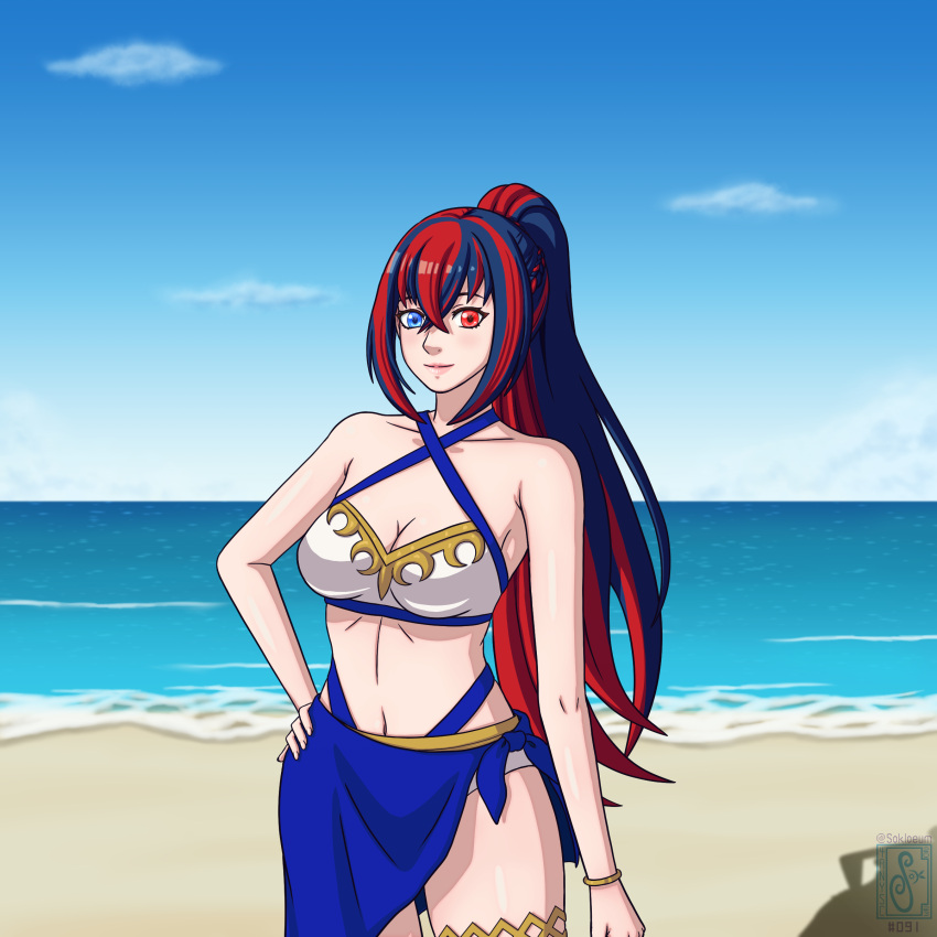 1girl 4thanysc alear_(female)_(fire_emblem) alear_(fire_emblem) alluring beach bikini blue_and_red_hair blue_sky breasts cleavage fire_emblem fire_emblem_engage heterochromia nintendo ocean red_and_blue_eyes red_and_blue_hair sokloeum