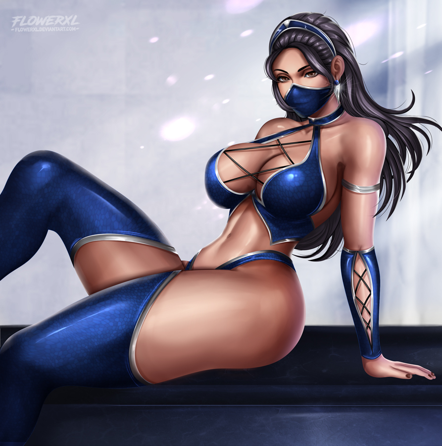 1girl 1girl 2d abs alluring big_breasts big_breasts breasts cleavage female_only flowerxl kitana looking_at_viewer midway midway_games mortal_kombat stockings thick_thighs