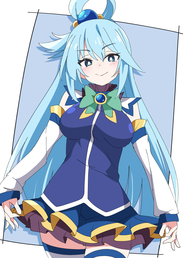 1girl 1girl aqua_(konosuba) big_breasts blue_background blue_eyes blue_hair blue_skirt breasts bright_pupils closed_mouth commentary detached_sleeves hair_rings ixy kono_subarashii_sekai_ni_shukufuku_wo! long_hair looking_at_viewer skirt smile stockings two-tone_background white_background white_pupils white_sleeves white_thighhighs zettai_ryouiki