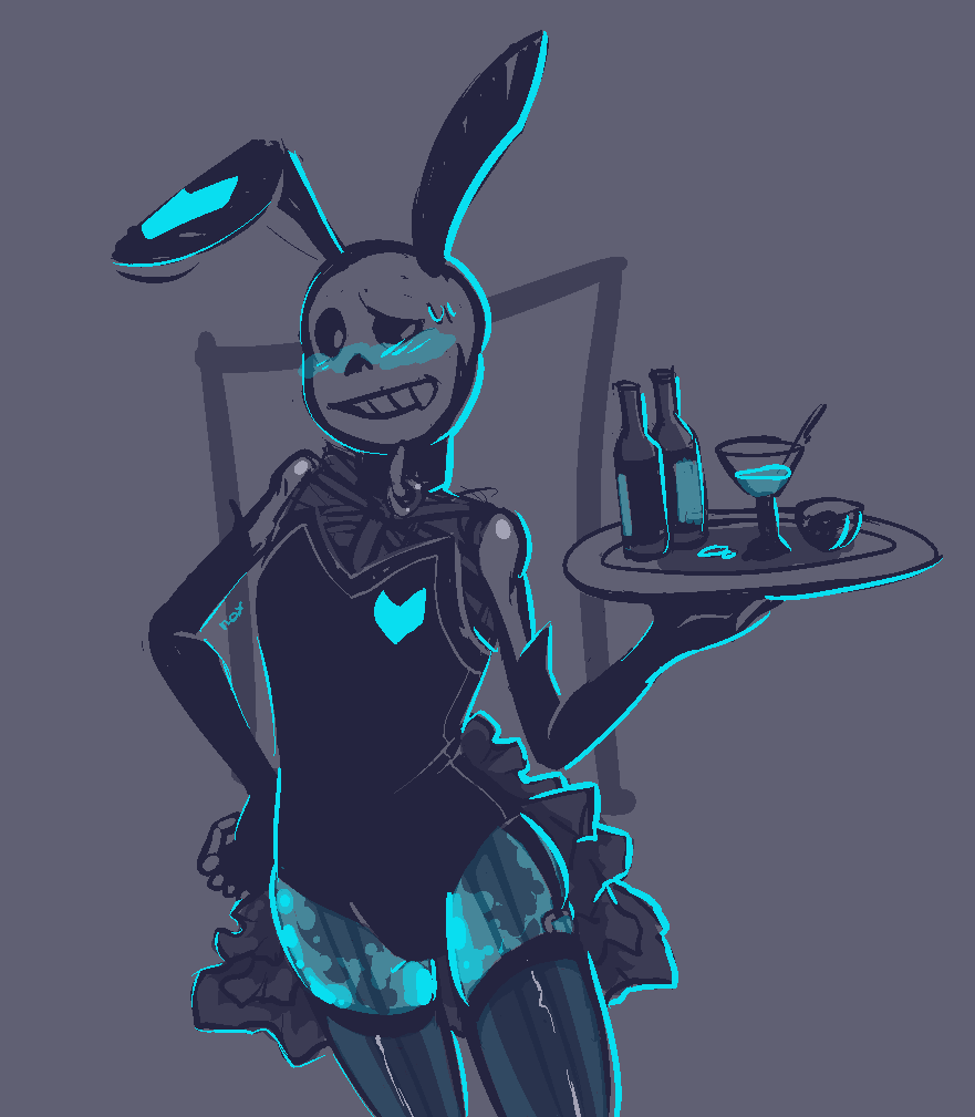 2010s 2016 animated_skeleton armwear blue_blush blue_body blush bottle bunny_ears bunnysuit crossdressing ectobody glass hand_on_hip monster noxiousaberration platter sans sans_(undertale) simple_background skeleton solo stockings sweat thighhighs tray undead undertale undertale_(series) wine_glass