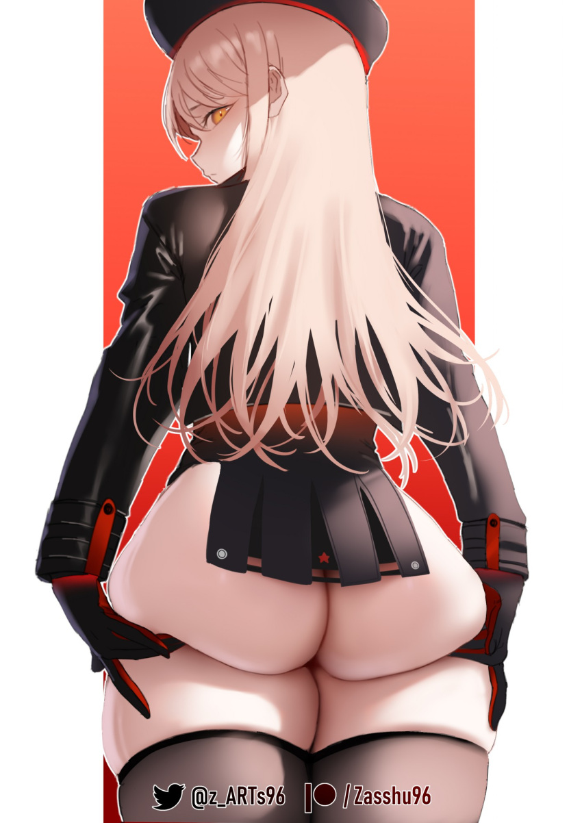 1girl 1girl ass ass_support beret black_gloves black_headwear black_jacket blonde_hair closed_eyes commentary english_commentary from_behind gloves goddess_of_victory:_nikke hair_between_eyes hat high_res huge_ass jacket long_hair long_sleeves looking_at_viewer looking_back patreon_logo patreon_username profile raised_eyebrow rapi_(nikke) red_background stockings thighs twitter_logo twitter_username very_long_hair watermark white_background yellow_eyes zasshu