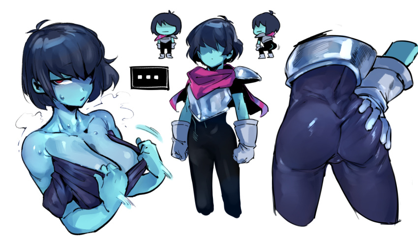 ... 1_girl 1girl armor ass ass_grab big_breasts black_bodysuit black_hair blue_body blue_skin bodysuit breasts butt cleavage clenched_hands closed_mouth clothed clothing colored_skin deltarune doppel doppel_(bonnypir) female_human female_only gloves grabbing_own_ass hair_over_one_eye human human_only kris_(dark_world_form) kris_(deltarune) kris_female_(deltarune) looking_at_viewer multiple_views parted_lips red_eyes scarf simple_background sweat third-party_edit twerking undertale_(series) white_background white_gloves