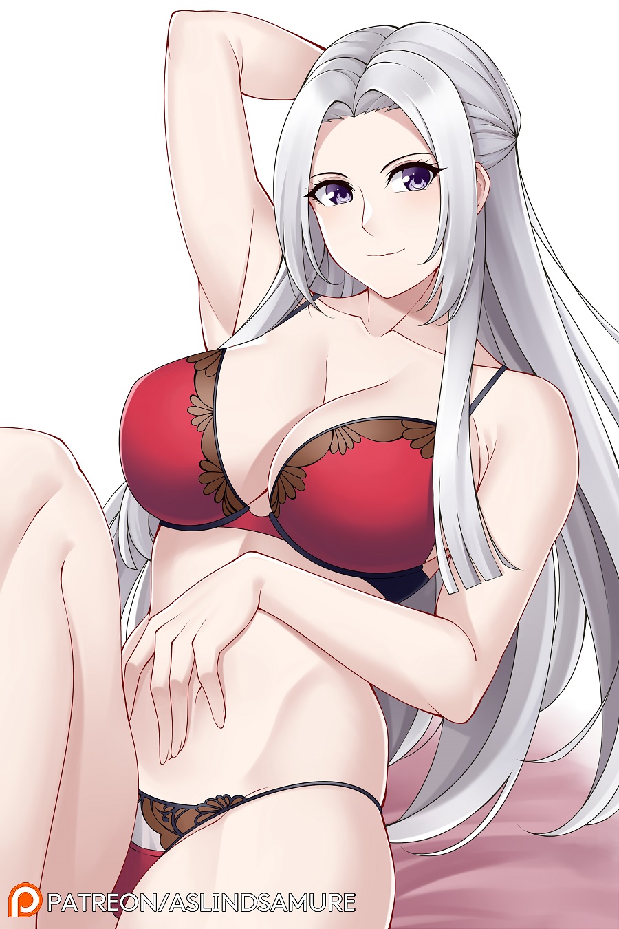 1girl 1girl alluring arm_behind_head arm_up aslind_samure aslindsamure bare_shoulders big_breasts blush bra breasts cleavage closed_mouth collarbone edelgard_von_hresvelg fire_emblem fire_emblem:_three_houses forehead high_res knees_up long_hair looking_at_viewer navel nintendo panties parted_bangs purple_eyes red_bra red_panties silver_hair sitting smile underwear