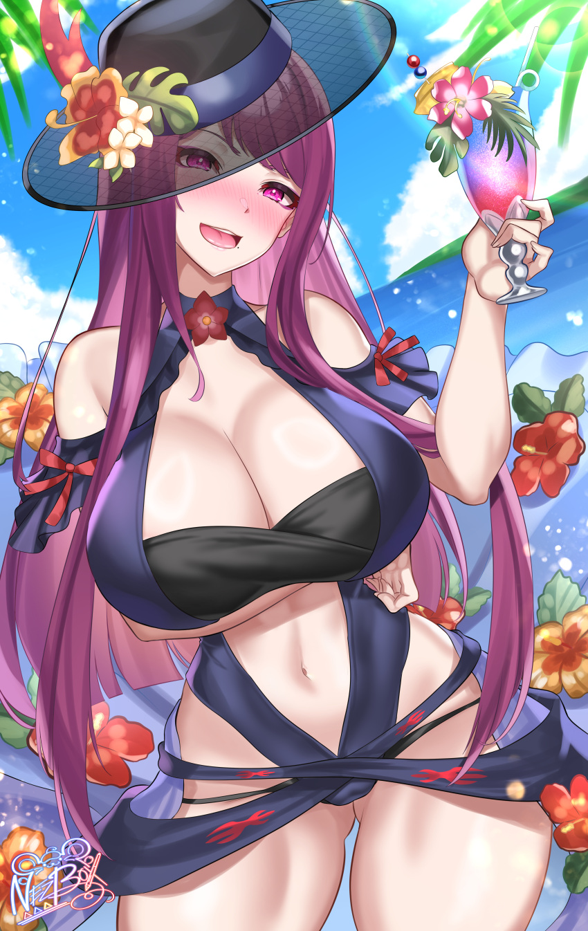 1girl 1girl :d absurd_res alluring bandeau bare_shoulders big_breasts black_headwear blue_sky blush breasts cleavage cloud commentary cowboy_shot cup day drinking_glass female_focus fire_emblem fire_emblem_engage fire_emblem_heroes flower gluteal_fold hand_up hat hat_flower head_tilt hibiscus high_res holding holding_cup ivy_(fire_emblem) looking_at_viewer matching_hair/eyes mole mole_under_mouth navel nez-box nintendo nose_blush official_alternate_costume open_mouth orange_flower pink_flower purple_eyes purple_hair red_flower signature sky smile standing stomach thighs tropical_drink