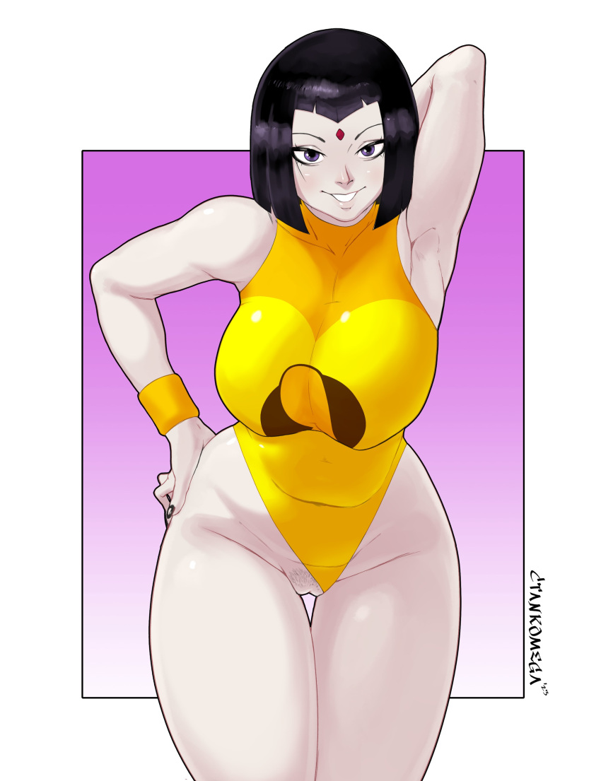 1girl arm_behind_head bare_shoulders big_breasts black_nails cartoon_network ctankomega dc female hand_on_hip lady_legasus leaning_forward leotard leotard_aside pale_skin pubic_hair purple_eyes purple_hair rachel_roth raven_(dc) short_hair smile solo standing teen_titans teen_titans_go wide_hips wristband yellow_leotard