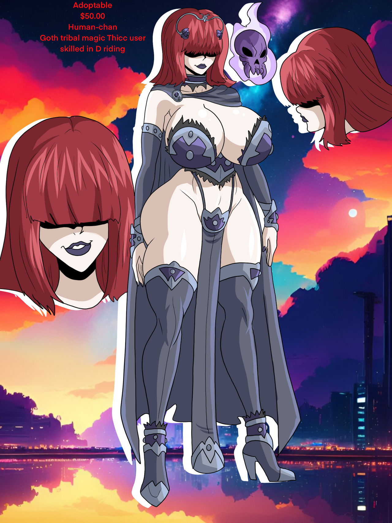 big_breasts cape character_sheet hidden_eyes long_hair ninja-8004 original_character purple_hair sexy skull smirk