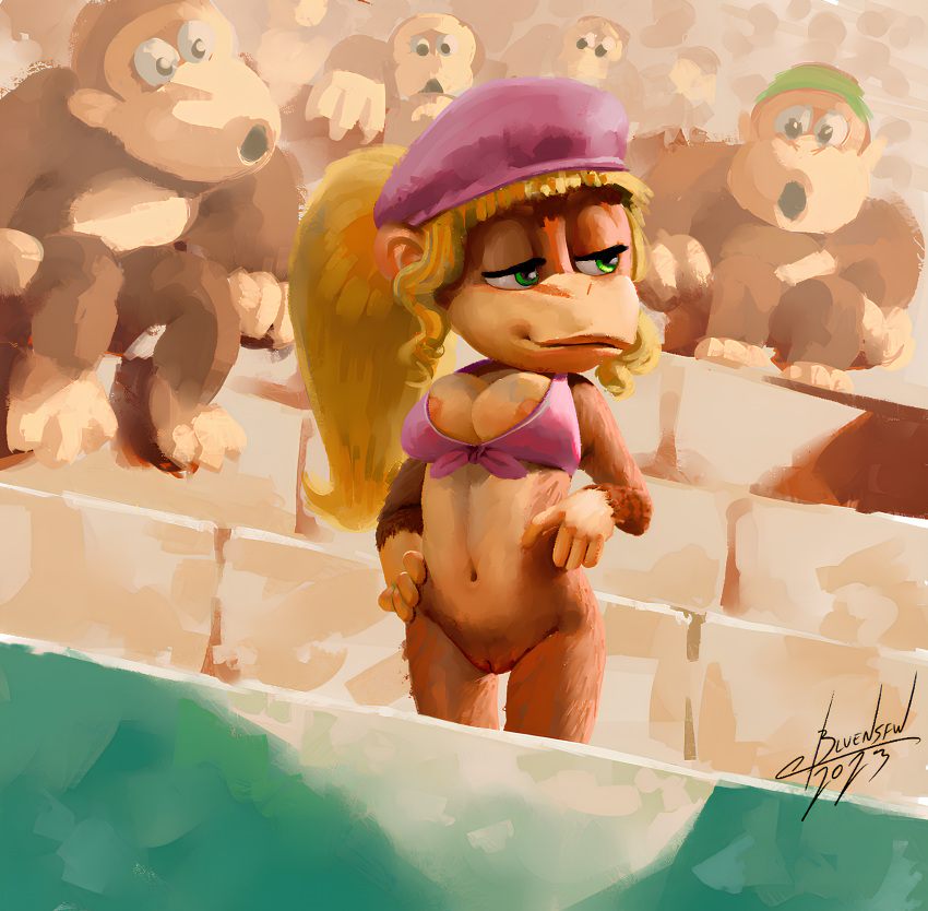 1girl 2020s 2023 3_toes 4_fingers absurd_res anthro ape areola areola_slip beret big_breasts blonde_hair blulesnsfw bottomless breasts brown_body brown_fur chimpanzee cleavage cleft_of_venus clothed clothing digital_media_(artwork) dixie_kong donkey_kong_(series) eyelashes feet female_focus fingers fur furry furry_female genitals gorilla green_eyes group hair half-closed_eyes haplorhine hat headgear headwear high_res kong long_hair male mammal monkey narrowed_eyes navel nintendo nude open_mouth pan_(genus) pink_clothing pink_hat pink_headwear pink_topwear ponytail primate pussy rareware seductive smile tan_body tan_fur toes topwear wide_eyed