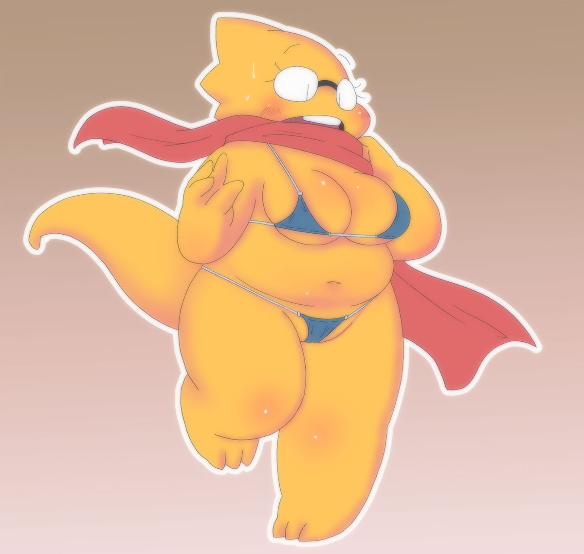 1_girl 1girl alphys alphys_(undertale) anthro anthro_only aruput aruput_ut barely_visible_genitalia belly bikini bikini_bottom bikini_top blue_bikini blue_bikini_bottom blue_bikini_top breasts brown_background chubby chubby_anthro chubby_female female_anthro female_only glasses gradient_background lizard lizard_girl lizard_tail micro_bikini monster non-mammal_breasts pussy pussy_peek red_scarf reptile reptile_girl reptile_tail scalie scarf simple_background solo_anthro solo_female source_request swimsuit tagme tail thong thong_bikini undertale undertale_(series) yellow_body yellow_skin