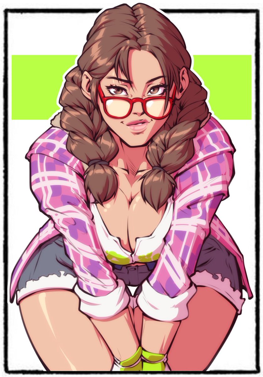 1girl alluring big_breasts braid breasts brunette cleavage clothed_female clothing glasses gloves julia_chang looking_at_viewer namco_bandai shirt shorts svenspronfest tekken tekken_7 twin_tails