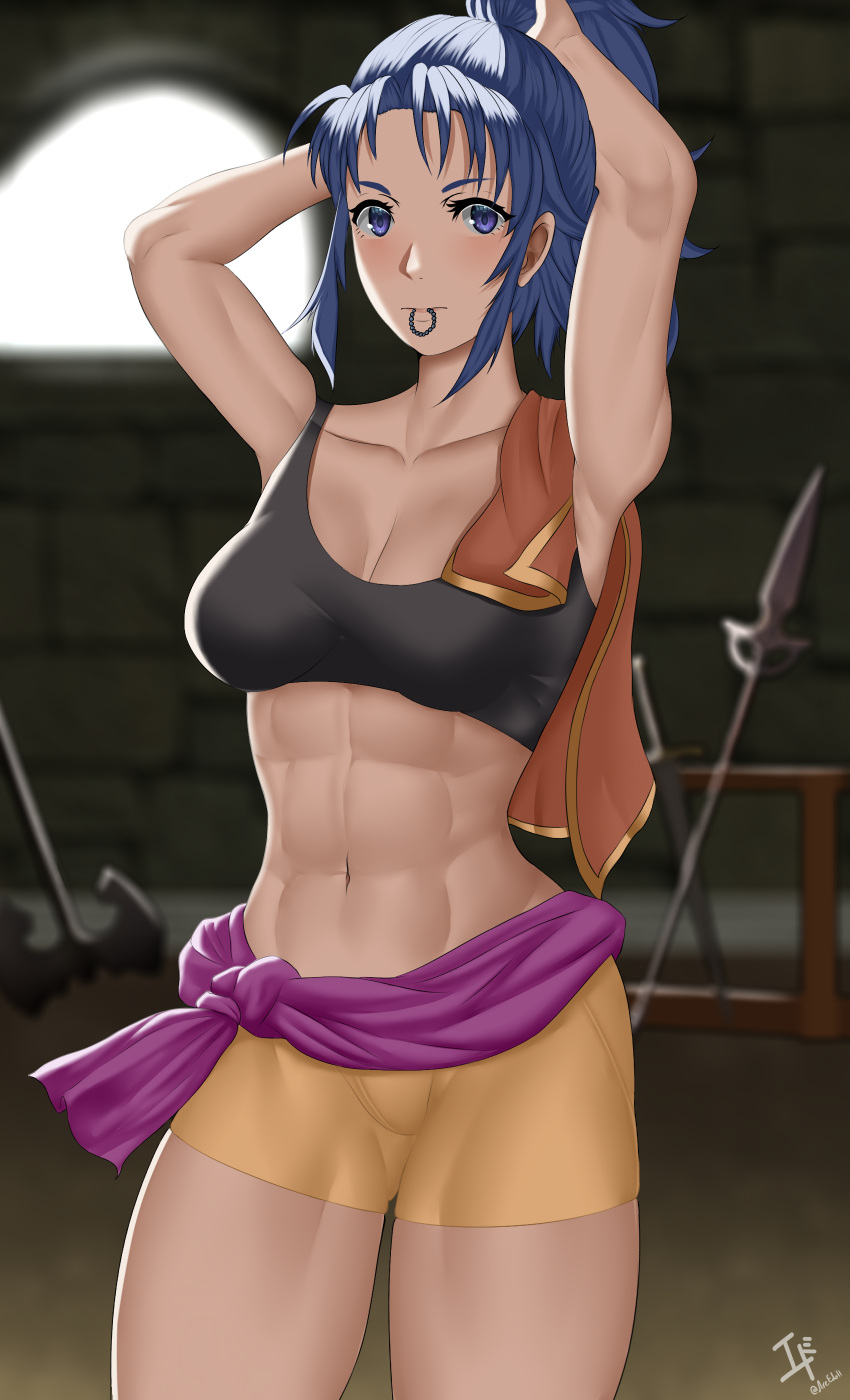 1girl 1girl abs absurd_res alluring arcedo athletic_female blue_hair cameltoe female_abs fire_emblem fire_emblem:_mystery_of_the_emblem fit_female high_res kris_(fire_emblem) nintendo ponytail short_shorts shorts sports_bra