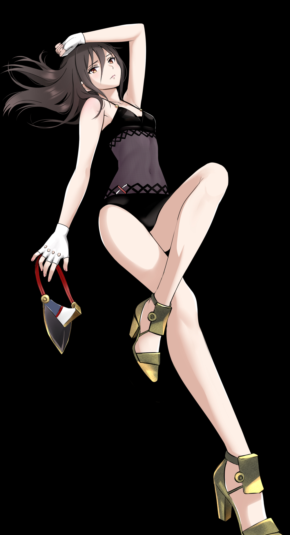 1girl 1girl alluring arm_up bad_id bad_pixiv_id bare_legs bare_shoulders black_background black_hair black_one-piece_swimsuit breasts brown_eyes casual_one-piece_swimsuit crossed_legs fingerless_gloves gloves gold_footwear headwear_removed high_heels high_res leg_lift long_hair long_legs looking_at_viewer misu_kasumi morag_ladair morag_ladair_(obligatory_leave)_(xenoblade) navel nintendo one-piece_swimsuit simple_background small_breasts swimsuit twitter_username visor white_gloves xenoblade_(series) xenoblade_chronicles_(series) xenoblade_chronicles_2