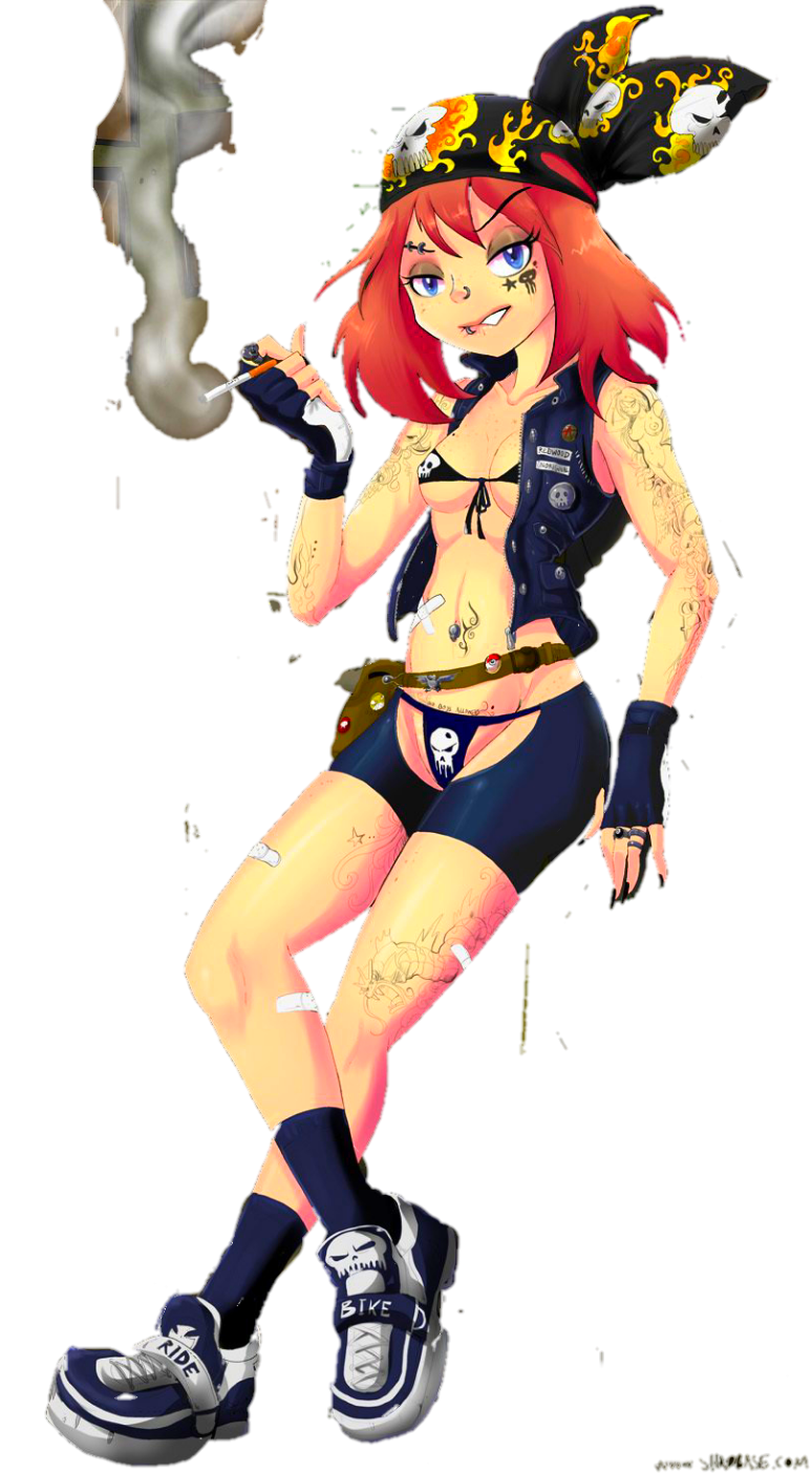 black_breasts blue_eyes brown_hair cigarette creatures_(company) game_freak goth goth_girl gta_iv haruka_(pokemon) may_(pokemon) nintendo pircings pokemon pokemon_(anime) punk punk_girl rendered shadman simple_background tattoo transparent_background