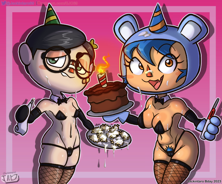 animal_crossing animal_crossing_girl bear_ears big_breasts birthday black_hair blue_hair breasts cake digital_media_(artwork) doodle empanadas food glasses green_eyes jackintaro looking_at_viewer nerdy_female nintendo panties pussy_hair simple_background small_breasts stockings villager_(animal_crossing) yellow_eyes