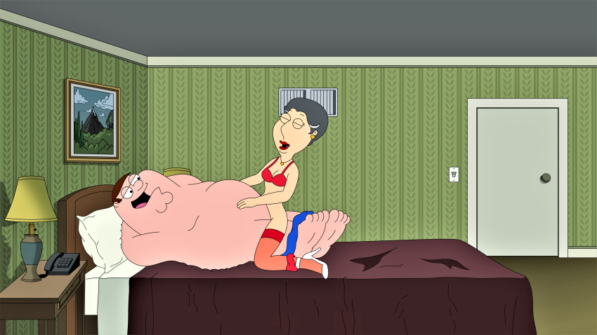 barbara_pewterschmidt bra cowgirl_position family_guy no_panties peter_griffin stockings thighs