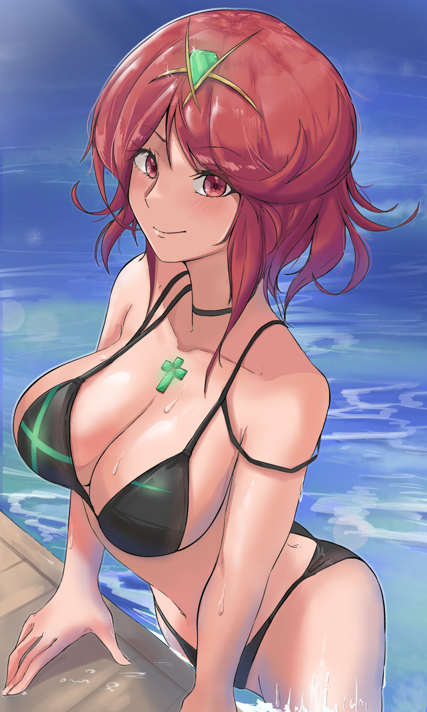 1girl alluring bare_legs big_breasts bikini calmgreentori cleavage core_crystal milf nintendo pyra red_eyes red_hair swimming_pool wet xenoblade_(series) xenoblade_chronicles_2