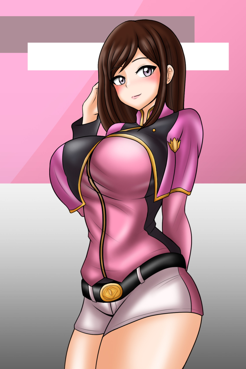 1girl alluring belt big_breasts brown_hair jacket mashin_sentai_kiramager ooharu_sayo purple_eyes shorts super_sentai treezero