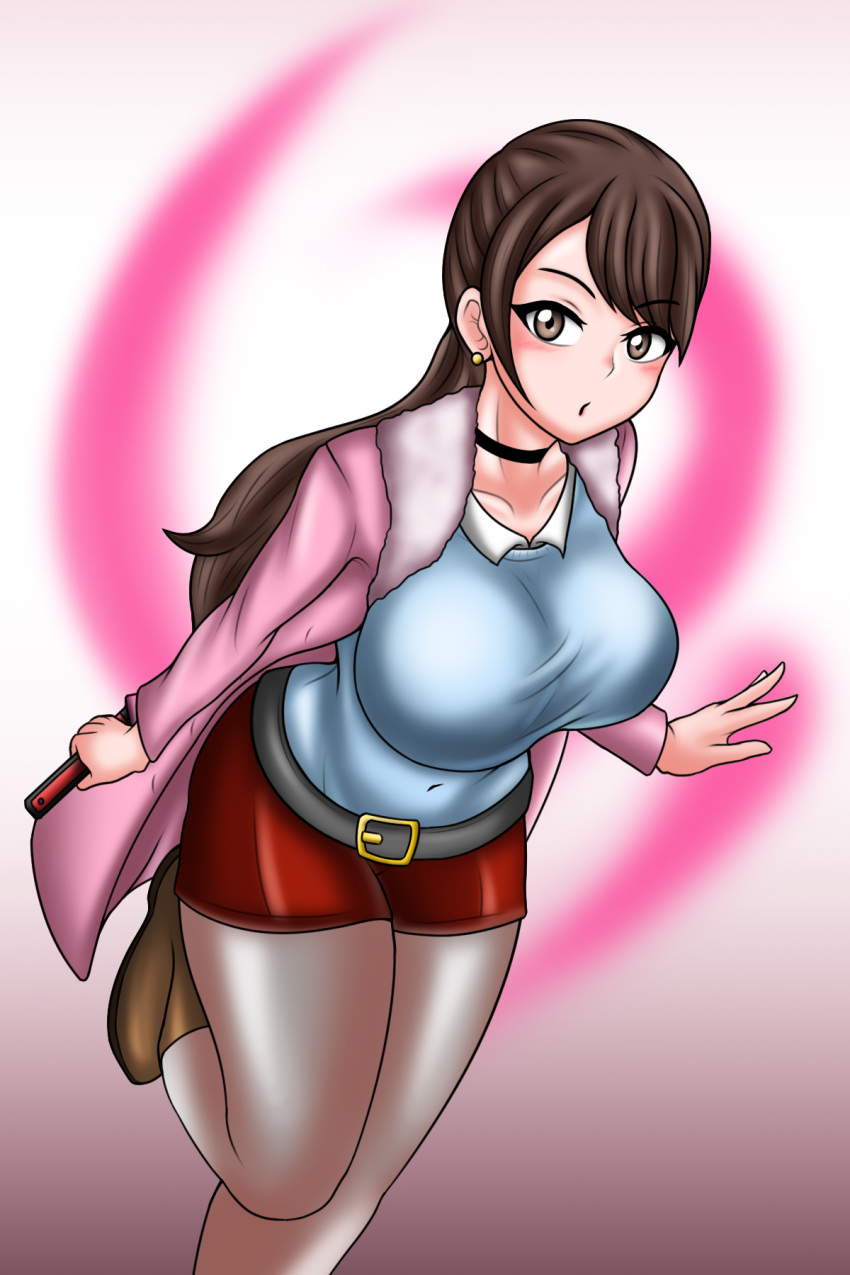 1girl alluring big_breasts blouse_jacket brown_eyes brown_hair earrings jewelry momochi_kasumi pantyhose ponytail shirt shorts shuriken_sentai_ninninger super_sentai treezero