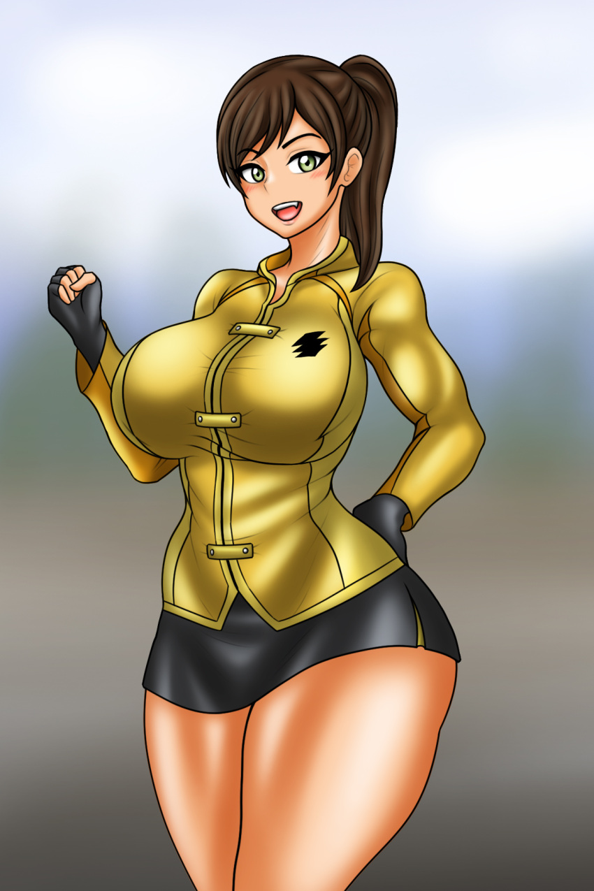 1girl alluring big_breasts fingerless_gloves gloves juuken_sentai_gekiranger olive_eyes shirt shorts super_sentai treezero uzaki_ran yellow_eyes