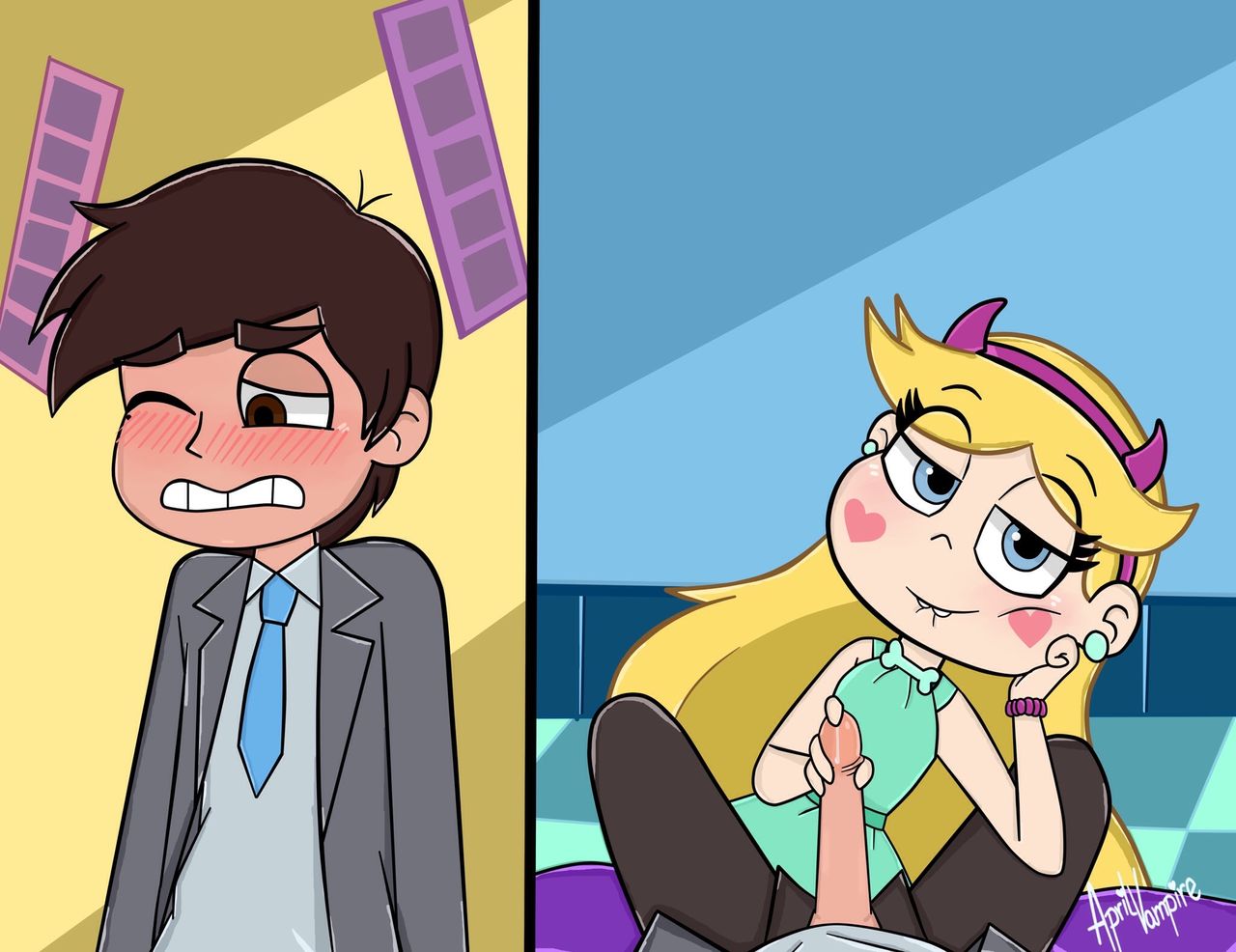 1boy 1girl april_vampire blonde_hair blue_eyes brown_hair canon_couple comic horns marco_diaz penis penis_grab star_butterfly star_vs_the_forces_of_evil