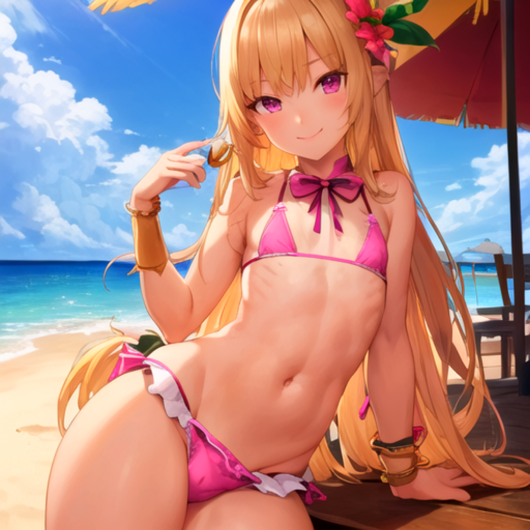 1girl ai_generated beach bikini blonde_hair bracelet crossdressing female_focus flower_in_hair frilled_bikini long_hair pink_eyes thick_thighs wide_hips