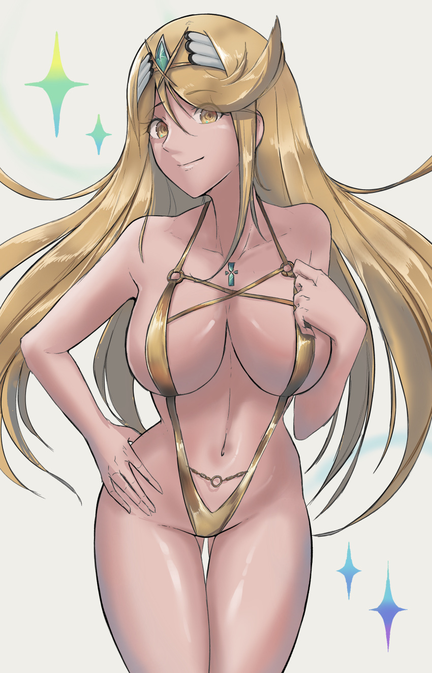 1girl ailf alluring bare_legs big_breasts blonde_hair calmgreentori cleavage core_crystal gold_eyes mythra nintendo sling_bikini xenoblade_(series) xenoblade_chronicles_2