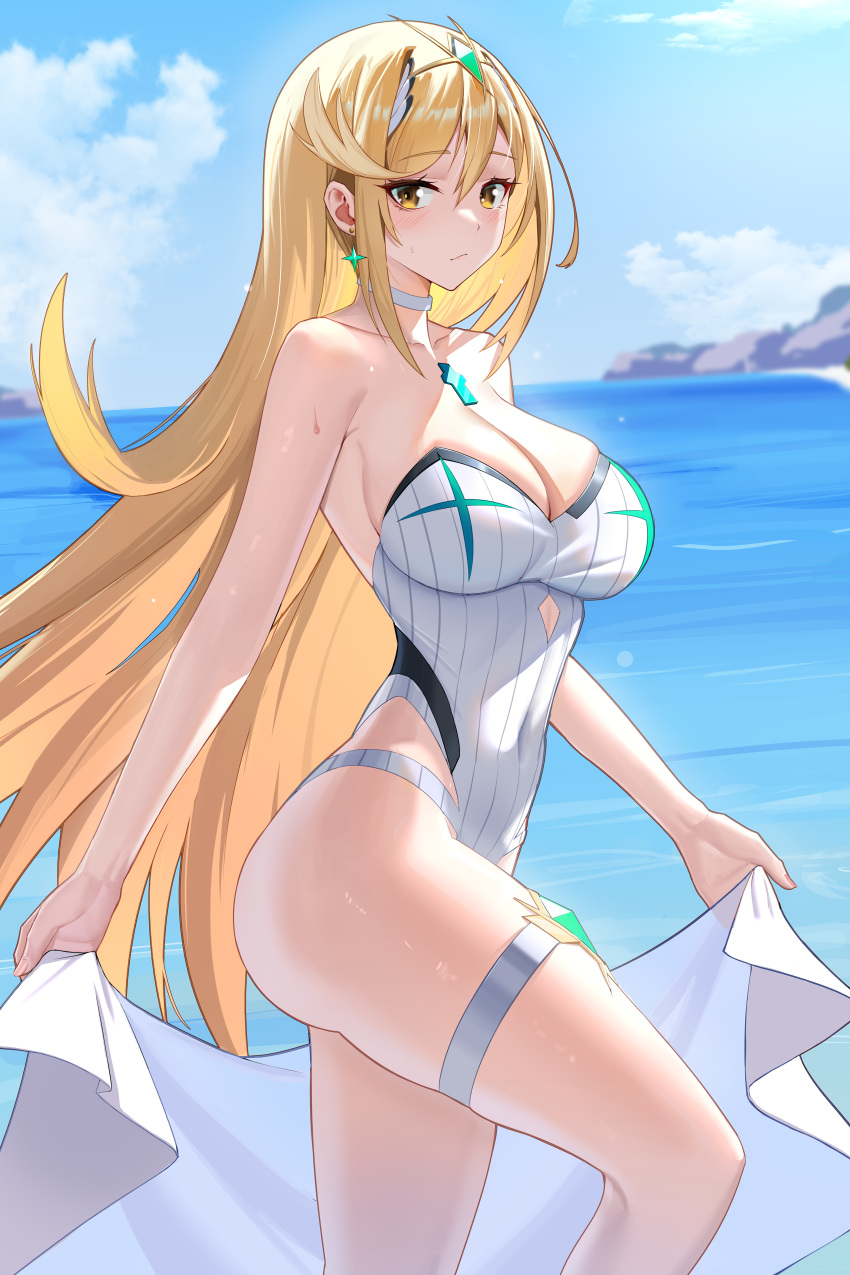 1girl alluring bare_legs beach besser big_breasts bikini blonde_hair cleavage core_crystal female_only gold_eyes holding_towel mythra nintendo ocean one-piece_bikini swimsuit xenoblade_(series) xenoblade_chronicles_2