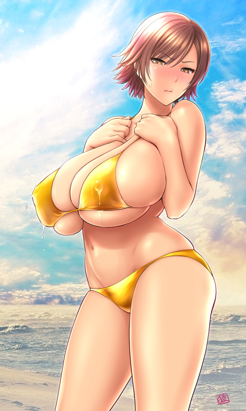 1girl 1girl asuka_kazama bandai_namco beach bikini blue_sky blush breasts brown_eyes brown_hair cleavage closed_mouth female_focus fighting_game gold_bikini high_res huge_breasts japanese kazama_asuka lactation lactation_through_clothes light_blush matching_hair/eyes namco namco_bandai navel ocean outside short_hair signature skindentation sky st.germain-sal standing sunlight sweatdrop swimsuit tekken tekken_5 tekken_5_dark_resurrection tekken_6 tekken_6_bloodline_rebellion tekken_7 tekken_8 tekken_revolution tekken_tag_tournament_2 thighs video_game video_game_character video_game_franchise video_games