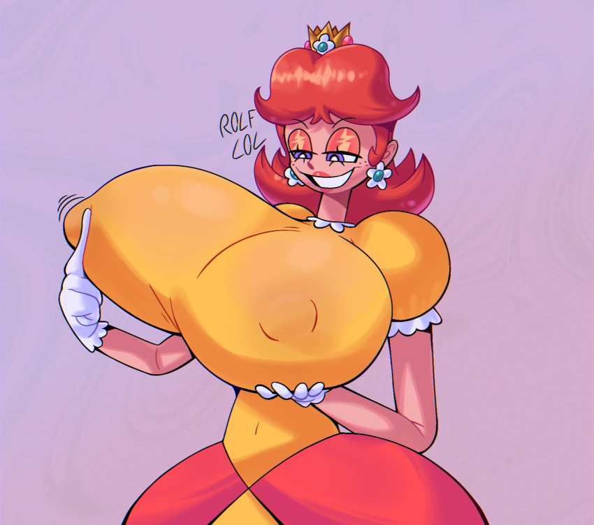 1girl big_breasts big_breasts erect_nipples full_of_milk gluestudd huge_breasts insanely_hot mario_(series) nintendo nipples_visible_through_clothing princess_daisy sexy sexy_breasts text