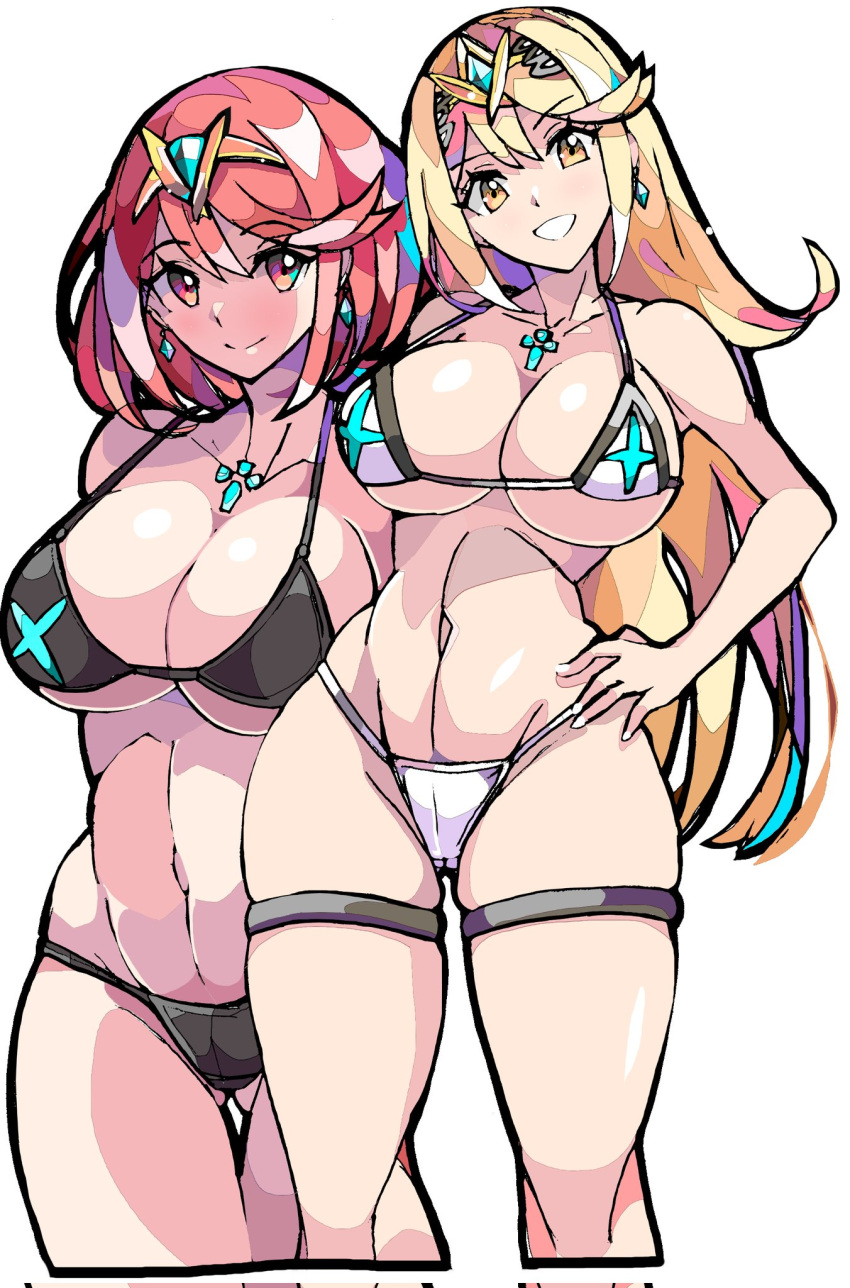 2_girls alluring big_breasts bikini blonde_hair core_crystal enpe gold_eyes hips light-skinned_female light_skin long_hair mythra naughty_face nintendo pyra red_eyes red_hair simple_background smile thick_thighs thighs wide_hips xenoblade_(series) xenoblade_chronicles_2