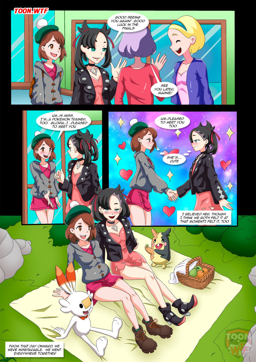 a_love_story_(comic) bbmbbf comic game_freak gloria_(pokemon) marnie_(pokemon) morpeko nintendo palcomix pokemon pokepornlive scorbunny toon.wtf yuri_haven