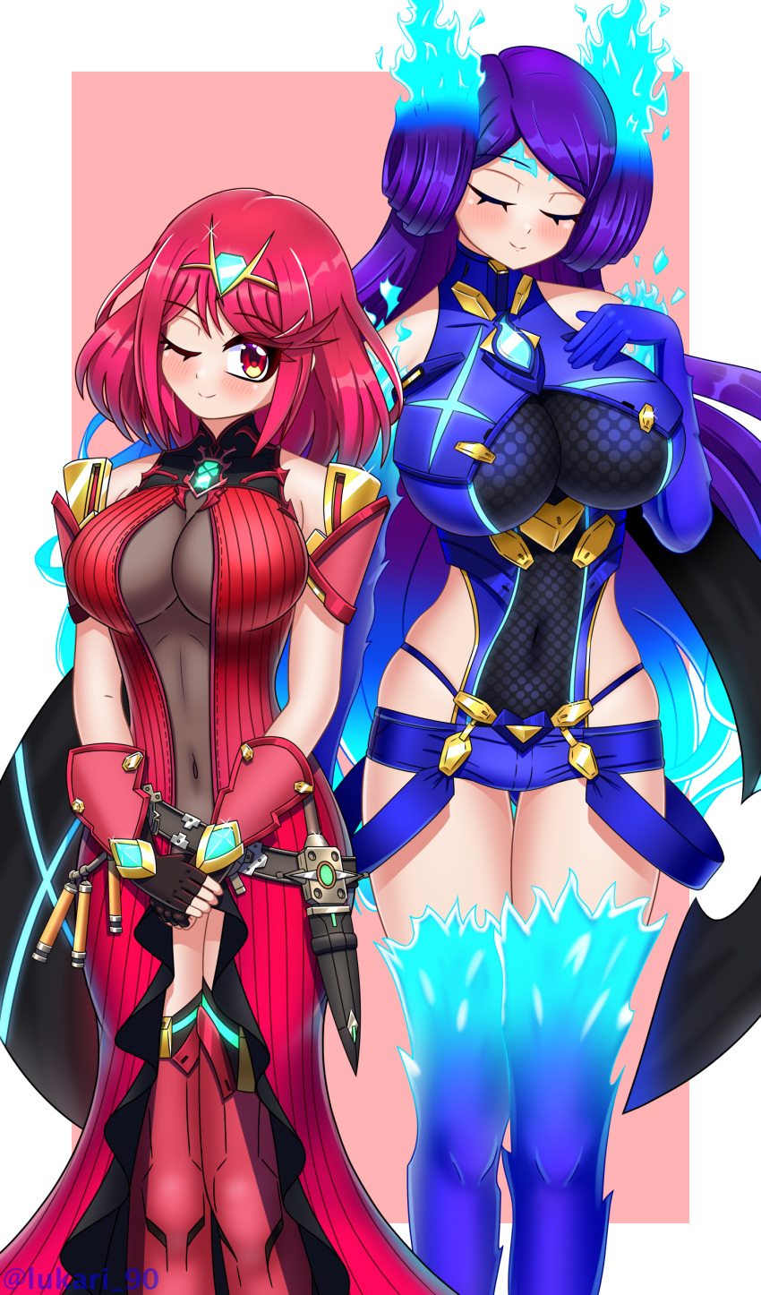 2_girls absurd_res alluring big_breasts black_gloves breasts brighid brighid_(xenoblade) chest_jewel closed_eyes cosplay costume_switch curvy earrings fiery_hair fingerless_gloves gloves high_res jewelry long_hair lukari lukari_90 multiple_girls nintendo palette_swap purple_hair pyra pyra_(xenoblade) red_eyes red_hair short_hair short_shorts shorts stockings swept_bangs tiara very_long_hair xenoblade_(series) xenoblade_chronicles_2