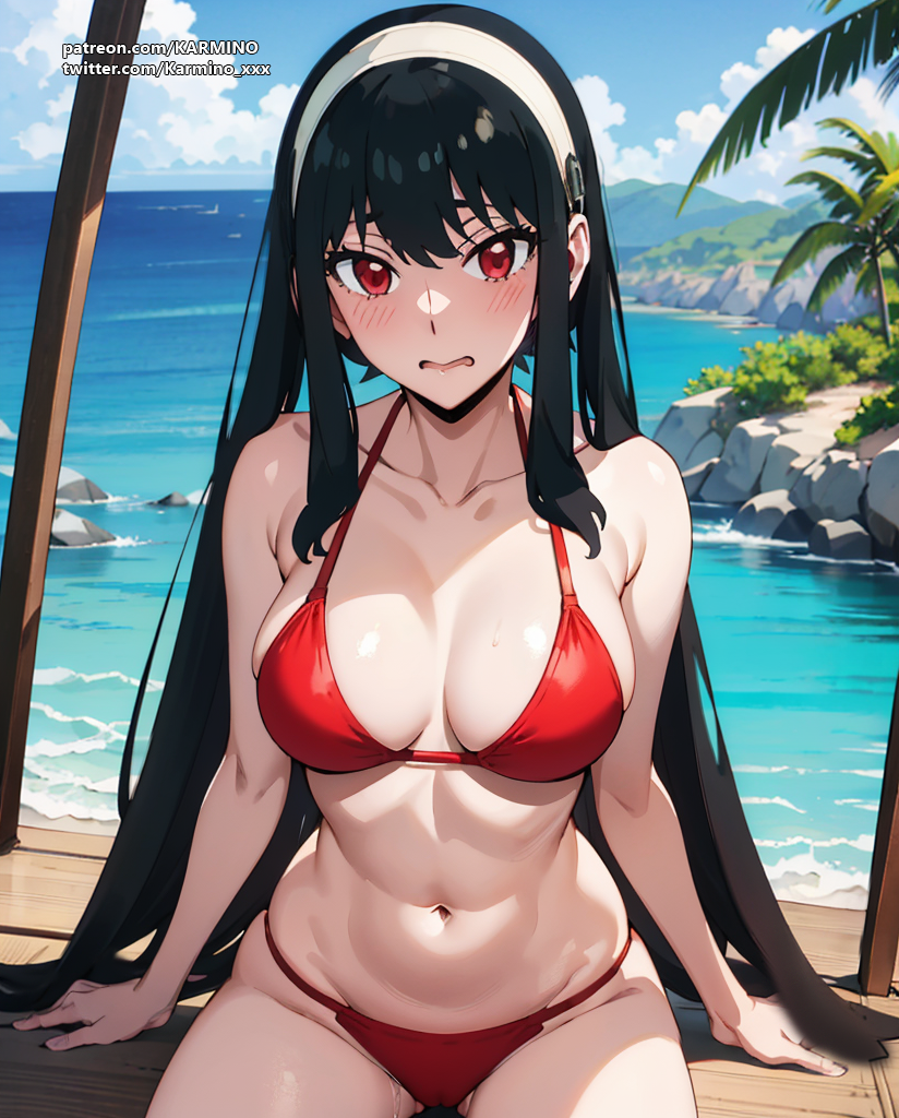 1girl ai_generated beach big_breasts bikini black_hair female_only fit_female light-skinned_female light_skin ocean palm_tree red_eyes solo_female spy_x_family voluptuous_female yor_briar yor_forger