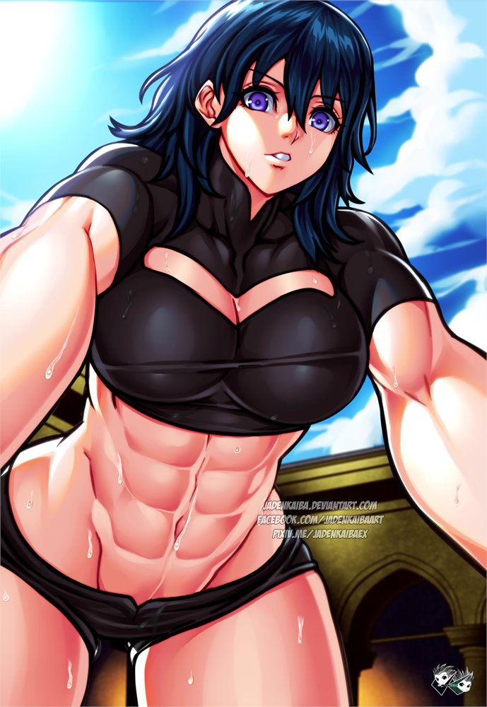 1girl abs alluring athletic_female big_breasts blue_eyes byleth_(fire_emblem) byleth_(fire_emblem)_(female) cleavage female_abs female_only fire_emblem fire_emblem:_three_houses fit_female from_below jadenkaiba long_hair looking_down naughty_face nintendo seductive solo_female source_request teal_hair thick_thighs topwear