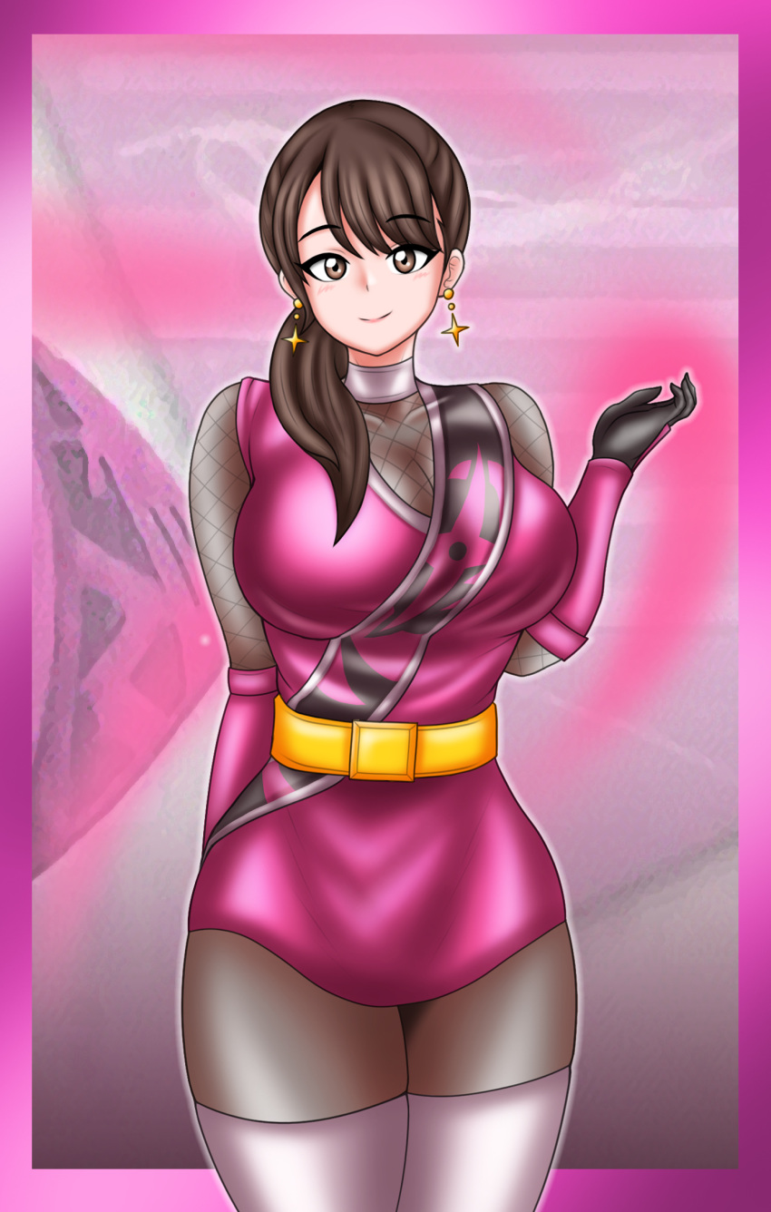 1girl alluring big_breasts bodysuit brown_eyes brown_hair earrings kunoichi momochi_kasumi no_helmet pin_up shuriken_sentai_ninninger super_sentai treezero