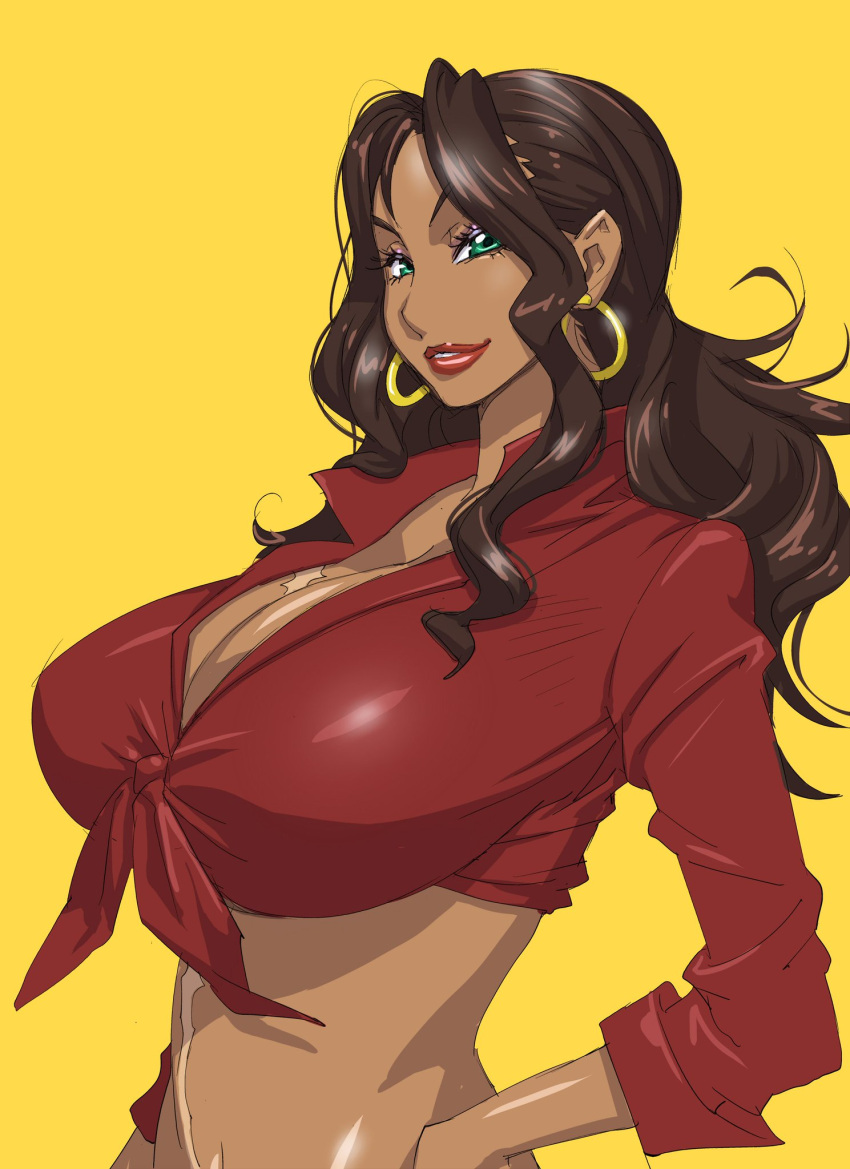 amida_arca big_breasts brown_hair brown_skin earrings green_eyes gundam gundam_tekketsu_no_orphans kotoyoshi_yumisuke sexy