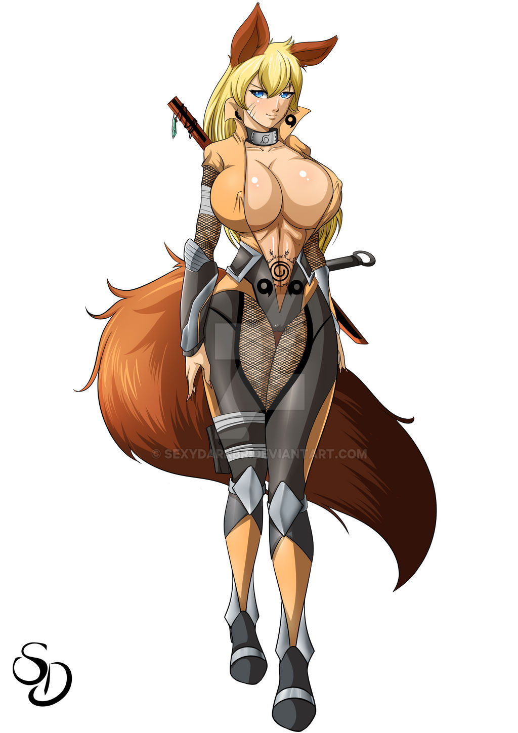 armor blonde_hair blue_eyes body_markings facial_mark fox_ears fox_girl fox_tail genderswap genderswap_(mtf) kunoichi naruko naruto_shippuden naruto_uzumaki ninja rule_63 sexydarkbr sword voluptuous